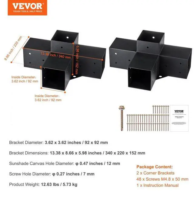 Alt view image 7 of 14 - VEVOR Pergola Bracket Kit 4''x4'', 2pcs 4-Way Heavy Duty Corner Bracket Woodworks DIY Post Base Kit, Easy Installation Wooden Beams for Gazebos, Patio Pergolas, Log Cabin Outdoor Pergola Hardware