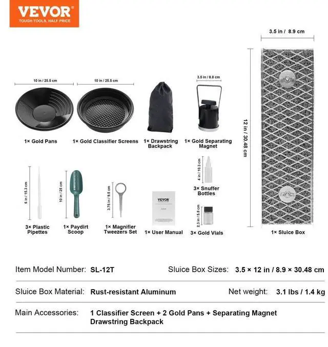 Alt view image 7 of 7 - VEVOR Mini Sluice Box Gold Panning Kit, 12inch Aluminum Alloy Gold Mining Equipment, 16 PCS Gold Prospecting Kit with Gold Pan, Separating Magnet, Classifier Screen, Drawstring Backpack and More