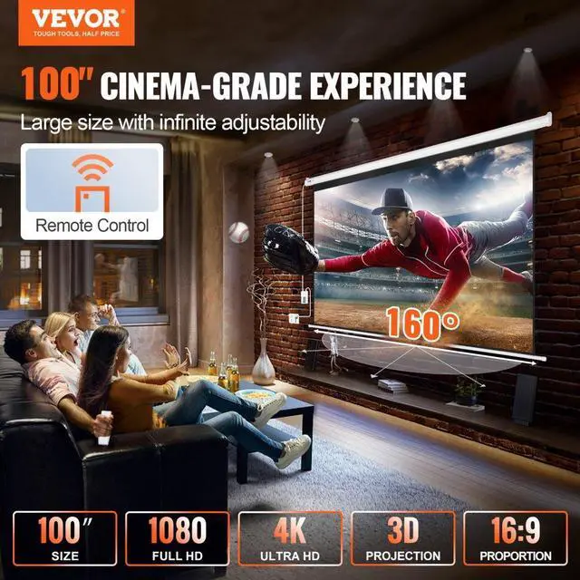 Alt view image 2 of 7 - VEVOR Motorized Projector Screen 100 inch, 16:9 4K 1080 HD Automatic Projection Screen, Electric Projector Screen with Remote Control, Wall Mount Movie Screen for Family Home Office Theater