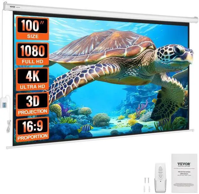 Main image of VEVOR Motorized Projector Screen 100 inch, 16:9 4K 1080 HD Automatic Projection Screen, Electric Projector Screen with Remote Control, Wall Mount Movie Screen for Family Home Office Theater