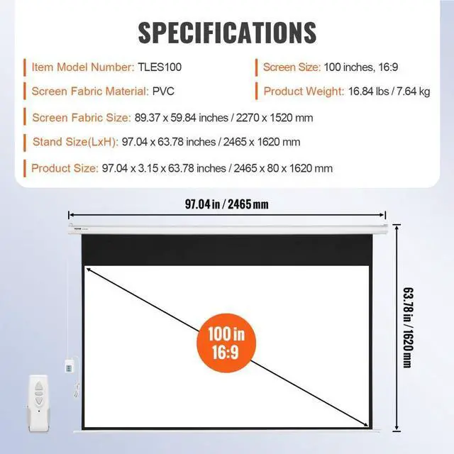 Alt view image 7 of 7 - VEVOR Motorized Projector Screen 100 inch, 16:9 4K 1080 HD Automatic Projection Screen, Electric Projector Screen with Remote Control, Wall Mount Movie Screen for Family Home Office Theater