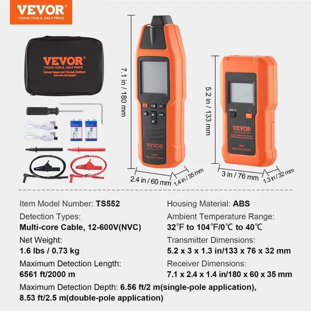 Alt view image 7 of 7 - VEVOR Underground Cable Locator, 3 FT Max. Detection Depth, 12 to 600V (NVC) Wire Tracer Break Detector Finder, 6561 FT Max.Detection Length for Electrical Circuits Pipelines Dog Fence Buried Cables