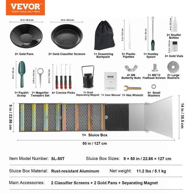 Alt view image 7 of 7 - VEVOR 50 Inch Folding Sluice Box Gold Panning Kit, 23pc Gold Prospecting Equipment Kit with Gold Pan, Classifier Screen, Separating Magnet, Backpack and More
