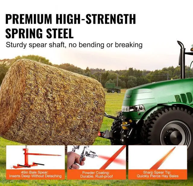 Alt view image 3 of 7 - VEVOR  49" Hay Spear, Bale Spears 1600lbs Loading Capacity, Three-Point Hitch Tractor Attachment with 2pcs 17.5" Stabilizer Spears, Quick Attach Spike Forks