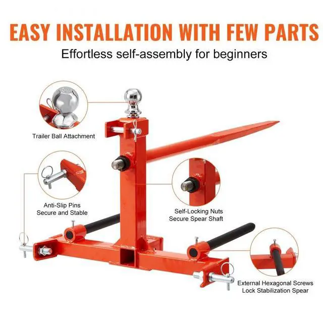 Alt view image 5 of 7 - VEVOR  49" Hay Spear, Bale Spears 1600lbs Loading Capacity, Three-Point Hitch Tractor Attachment with 2pcs 17.5" Stabilizer Spears, Quick Attach Spike Forks