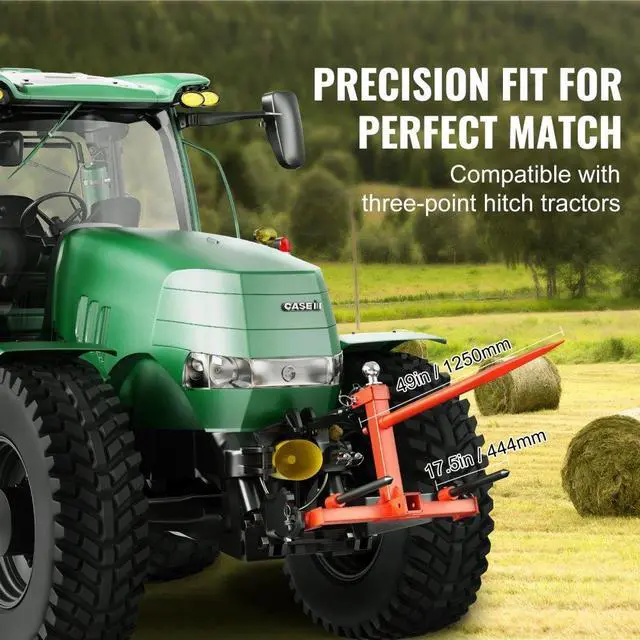 Alt view image 4 of 7 - VEVOR  49" Hay Spear, Bale Spears 1600lbs Loading Capacity, Three-Point Hitch Tractor Attachment with 2pcs 17.5" Stabilizer Spears, Quick Attach Spike Forks