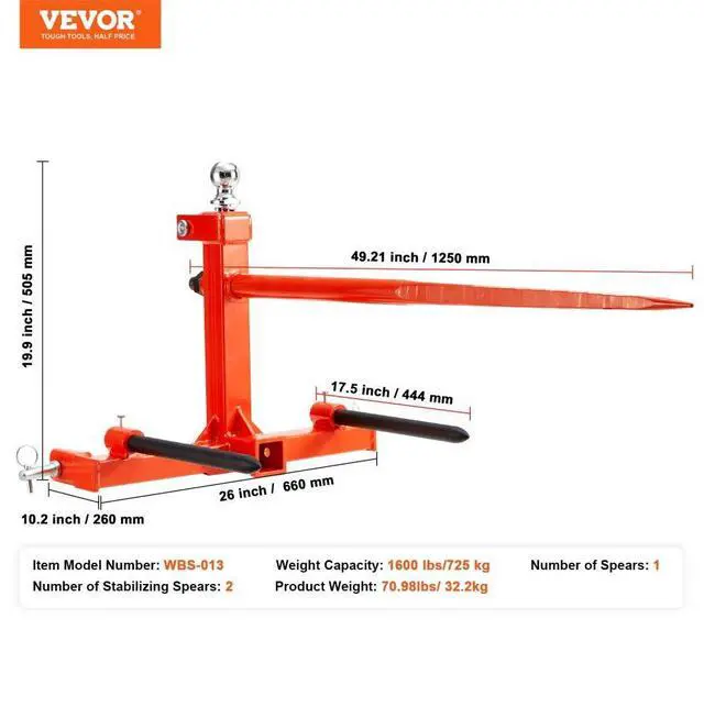 Alt view image 7 of 7 - VEVOR  49" Hay Spear, Bale Spears 1600lbs Loading Capacity, Three-Point Hitch Tractor Attachment with 2pcs 17.5" Stabilizer Spears, Quick Attach Spike Forks