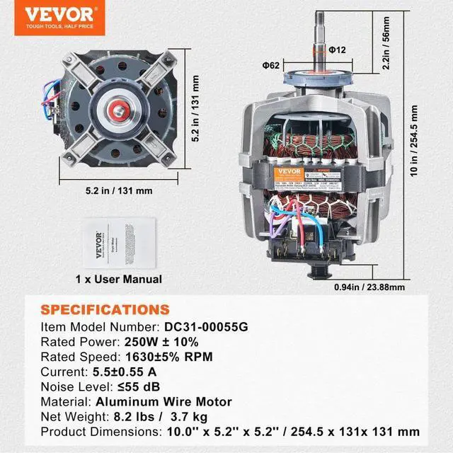 Alt view image 7 of 7 - VEVOR DC31-00055G Dryer Drive Motor, 1/3HP, 1630RPM, Compatible with Samsung Kenmore, Replacement for 40299032011, 40299032012, 59289622, DV330AGB, DV331AEW, DV350AER, DV350AGR