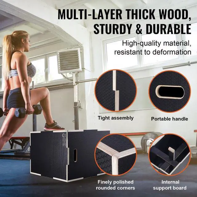 Alt view image 4 of 7 - VEVOR 3 in 1 Plyometric Jump Box, 30/24/20 Inch Wooden Plyo Box, Platform & Jumping Agility Box, Anti-Slip Fitness Exercise Step Up Box for Home Gym Training, Conditioning Strength Training, Black