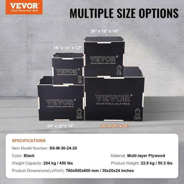 Alt view image 7 of 7 - VEVOR 3 in 1 Plyometric Jump Box, 30/24/20 Inch Wooden Plyo Box, Platform & Jumping Agility Box, Anti-Slip Fitness Exercise Step Up Box for Home Gym Training, Conditioning Strength Training, Black