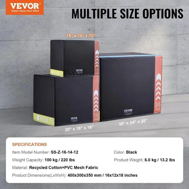 Alt view image 7 of 7 - VEVOR 3 in 1 Plyometric Jump Box, 16/14/12 Inch Cotton Plyo Box, Platform & Jumping Agility Box, Anti-Slip Fitness Exercise Step Up Box for Home Gym Training, Conditioning Strength Training, Black
