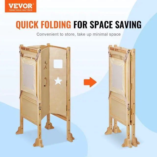 Alt view image 2 of 7 - VEVOR Tower Step Stool, Foldable Toddler Stool 3-Level Adjustable Height Toddler Step Stools with Safety Net, Solid Wood Kids Standing Tower Learning Stool for Kitchen Bedroom Bathroom