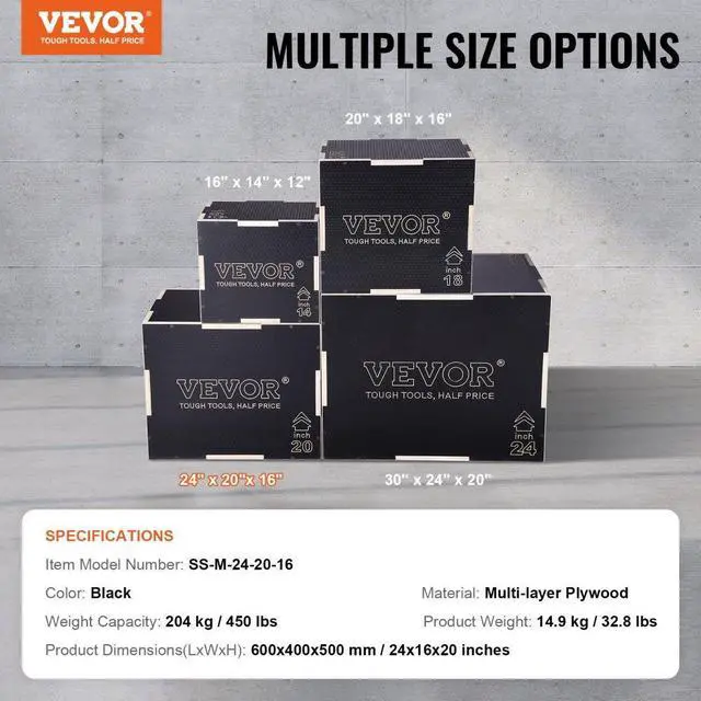 Alt view image 7 of 7 - VEVOR 3 in 1 Plyometric Jump Box, 24/20/16 Inch Wooden Plyo Box, Platform & Jumping Agility Box, Anti-Slip Fitness Exercise Step Up Box for Home Gym Training, Conditioning Strength Training, Black