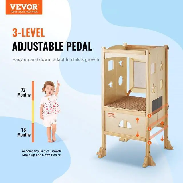 Alt view image 3 of 7 - VEVOR Tower Step Stool, Foldable Toddler Stool 3-Level Adjustable Height Toddler Step Stools with Safety Net, Solid Wood Kids Standing Tower Learning Stool for Kitchen Bedroom Bathroom