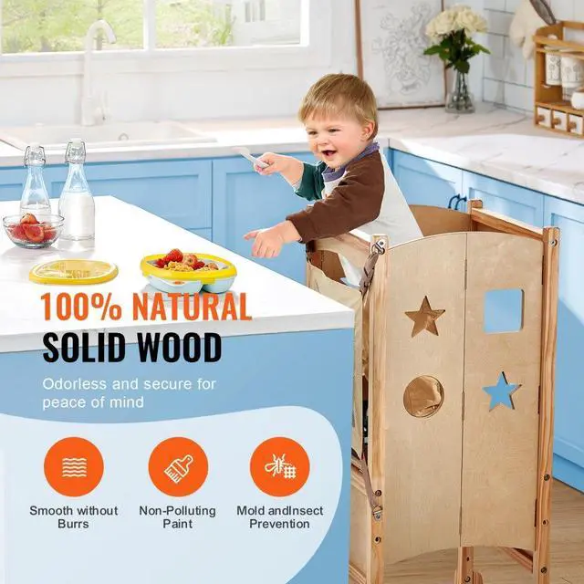 Alt view image 4 of 7 - VEVOR Tower Step Stool, Foldable Toddler Stool 3-Level Adjustable Height Toddler Step Stools with Safety Net, Solid Wood Kids Standing Tower Learning Stool for Kitchen Bedroom Bathroom