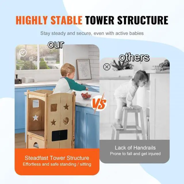 Alt view image 5 of 7 - VEVOR Tower Step Stool, Foldable Toddler Stool 3-Level Adjustable Height Toddler Step Stools with Safety Net, Solid Wood Kids Standing Tower Learning Stool for Kitchen Bedroom Bathroom
