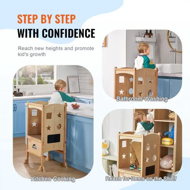 Alt view image 6 of 7 - VEVOR Tower Step Stool, Foldable Toddler Stool 3-Level Adjustable Height Toddler Step Stools with Safety Net, Solid Wood Kids Standing Tower Learning Stool for Kitchen Bedroom Bathroom