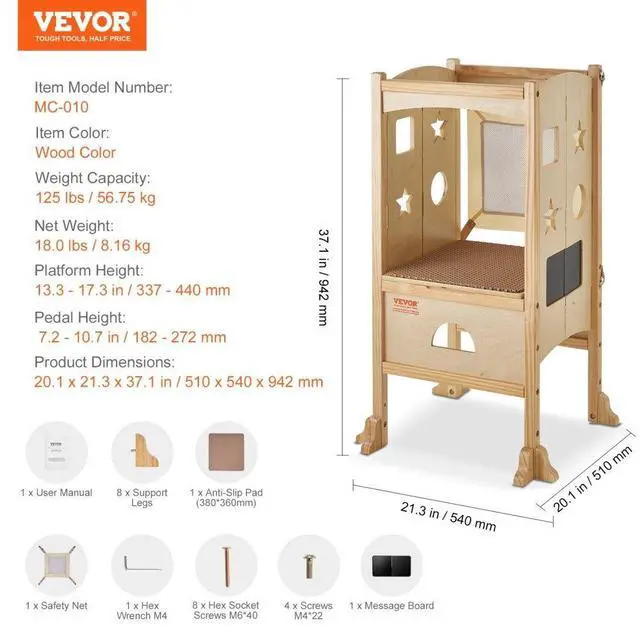 Alt view image 7 of 7 - VEVOR Tower Step Stool, Foldable Toddler Stool 3-Level Adjustable Height Toddler Step Stools with Safety Net, Solid Wood Kids Standing Tower Learning Stool for Kitchen Bedroom Bathroom