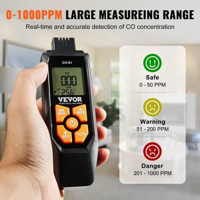 Alt view image 3 of 7 - VEVOR Carbon Monoxide Detectors, 0-1000PPM CO Detector with Audible & Visual Alarm, Portable CO Gas Meter Tester with Temperature Sensor, LCD Backlit Screen for Home / Industrial (3 x Battery Include)