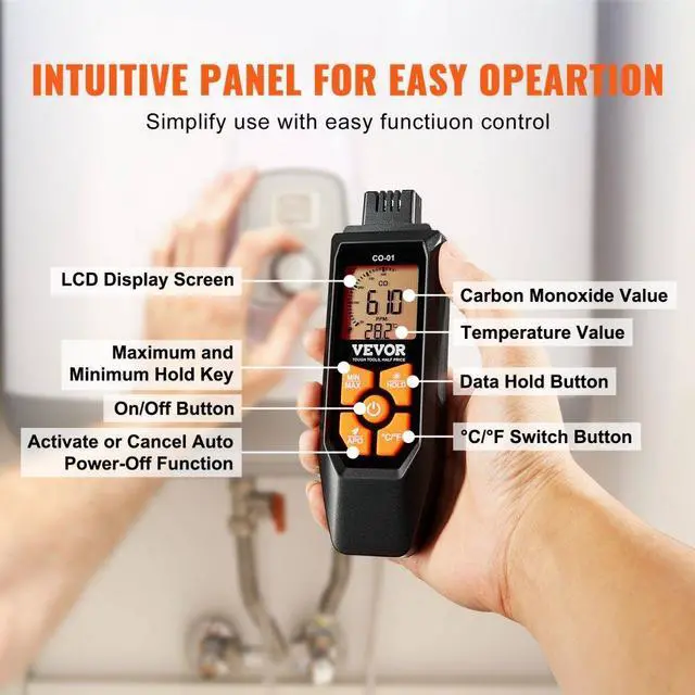 Alt view image 4 of 7 - VEVOR Carbon Monoxide Detectors, 0-1000PPM CO Detector with Audible & Visual Alarm, Portable CO Gas Meter Tester with Temperature Sensor, LCD Backlit Screen for Home / Industrial (3 x Battery Include)