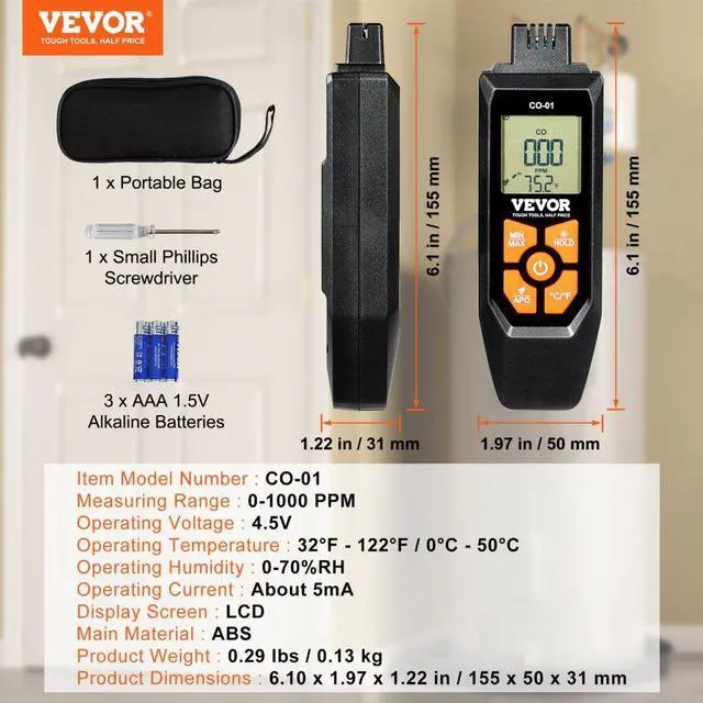 Alt view image 7 of 7 - VEVOR Carbon Monoxide Detectors, 0-1000PPM CO Detector with Audible & Visual Alarm, Portable CO Gas Meter Tester with Temperature Sensor, LCD Backlit Screen for Home / Industrial (3 x Battery Include)