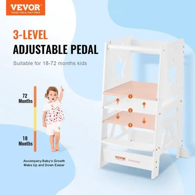 Alt view image 2 of 7 - VEVOR Tower Step Stool, 3-Level Height Adjustable Toddler Step Stools for Kids, Kitchen Stool Bamboo Standing Tower Learning Stool with Safety Rail for Kitchen Counter Bathroom, 350LBS, White