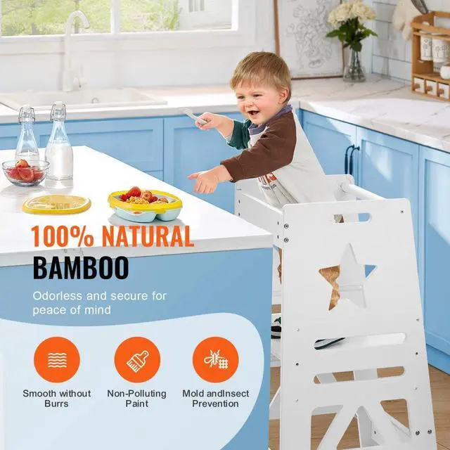 Alt view image 3 of 7 - VEVOR Tower Step Stool, 3-Level Height Adjustable Toddler Step Stools for Kids, Kitchen Stool Bamboo Standing Tower Learning Stool with Safety Rail for Kitchen Counter Bathroom, 350LBS, White