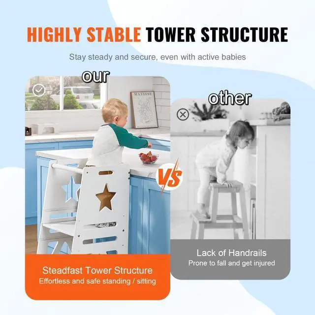Alt view image 4 of 7 - VEVOR Tower Step Stool, 3-Level Height Adjustable Toddler Step Stools for Kids, Kitchen Stool Bamboo Standing Tower Learning Stool with Safety Rail for Kitchen Counter Bathroom, 350LBS, White
