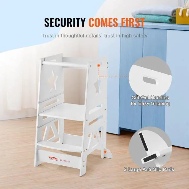 Alt view image 5 of 7 - VEVOR Tower Step Stool, 3-Level Height Adjustable Toddler Step Stools for Kids, Kitchen Stool Bamboo Standing Tower Learning Stool with Safety Rail for Kitchen Counter Bathroom, 350LBS, White