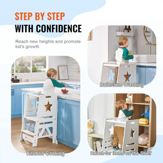 Alt view image 6 of 7 - VEVOR Tower Step Stool, 3-Level Height Adjustable Toddler Step Stools for Kids, Kitchen Stool Bamboo Standing Tower Learning Stool with Safety Rail for Kitchen Counter Bathroom, 350LBS, White
