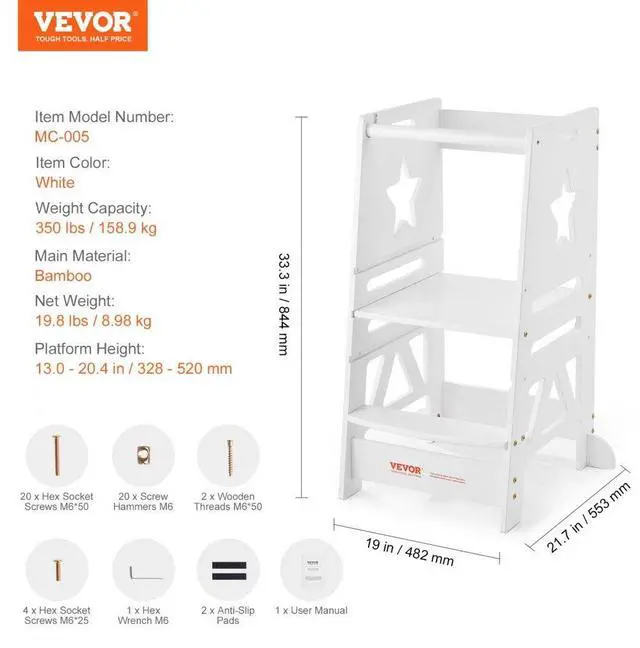 Alt view image 7 of 7 - VEVOR Tower Step Stool, 3-Level Height Adjustable Toddler Step Stools for Kids, Kitchen Stool Bamboo Standing Tower Learning Stool with Safety Rail for Kitchen Counter Bathroom, 350LBS, White
