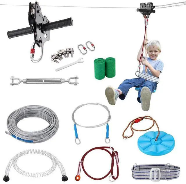 Main image of VEVOR Zipline Kit for Kids and Adult, 100 ft Zip Line Kits Up to 500 lb, Backyard Outdoor Quick Setup Zipline, Playground Entertainment with Stainless Steel Zipline, Spring Brake, Safety Harness, Seat