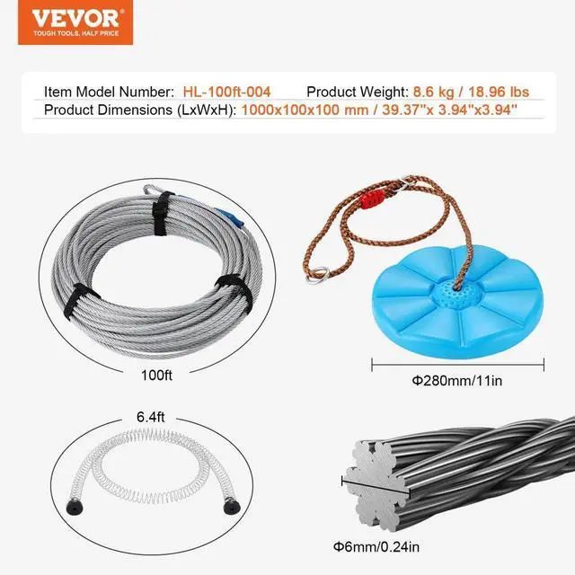 Alt view image 7 of 14 - VEVOR Zipline Kit for Kids and Adult, 100 ft Zip Line Kits Up to 500 lb, Backyard Outdoor Quick Setup Zipline, Playground Entertainment with Stainless Steel Zipline, Spring Brake, Safety Harness, Seat