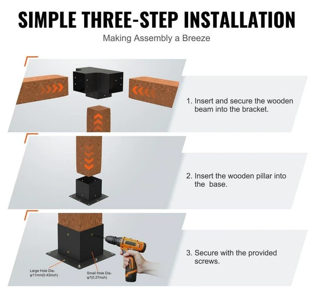 Alt view image 6 of 15 - VEVOR Pergola Bracket Kit 6''x6'', 4pcs 4-Way Heavy Duty Corner Bracket Woodworks DIY Post Base Kit, Easy Installation Wooden Beams for Gazebos, Patio Pergolas, Log Cabin Outdoor Pergola Hardware