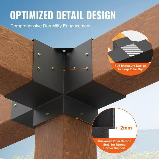 Alt view image 3 of 7 - VEVOR Pergola Bracket Kit 6''x6'', 2pcs 4-Way Heavy Duty Corner Bracket Woodworks DIY Post Base Kit, Easy Installation Wooden Beams for Gazebos, Patio Pergolas, Log Cabin Outdoor Pergola Hardware