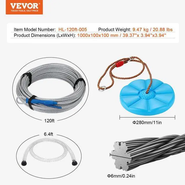 Alt view image 7 of 7 - VEVOR Zipline Kit for Kids and Adult, 120 ft Zip Line Kits Up to 500 lb, Backyard Outdoor Quick Setup Zipline, Playground Entertainment with Stainless Steel Zipline, Spring Brake, Safety Harness, Seat