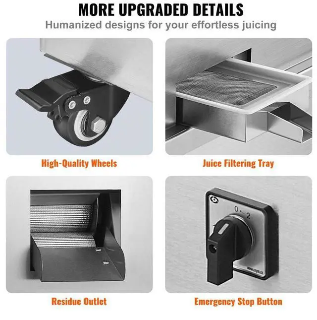 Alt view image 6 of 14 - VEVOR Electric Sugar Cane Juicer, 800W Sugarcane Juicer Machine with 661LBS/H High Output, 3 Stainless Steel Rollers, 2.4" Large Inlet, Sugarcane Juice Extractor Squeezer on Wheels for Home/Commercial