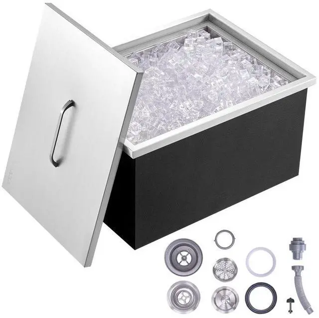 Main image of VEVOR Drop in Ice Chest, 20"L x 14"W x 12"H Stainless Steel Ice Cooler, Commercial Ice Bin with Cover, 40 qt Outdoor Kitchen Ice Bar, Drain-pipe and Drain Plug Included, for Cold Wine Beer