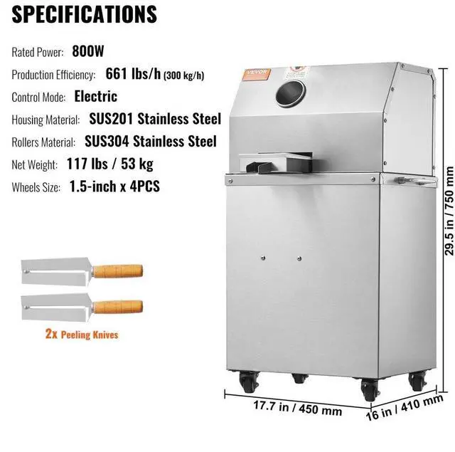 Alt view image 7 of 14 - VEVOR Electric Sugar Cane Juicer, 800W Sugarcane Juicer Machine with 661LBS/H High Output, 3 Stainless Steel Rollers, 2.4" Large Inlet, Sugarcane Juice Extractor Squeezer on Wheels for Home/Commercial
