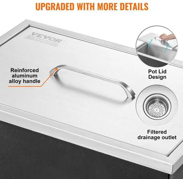 Alt view image 5 of 7 - VEVOR Drop in Ice Chest, 20"L x 14"W x 12"H Stainless Steel Ice Cooler, Commercial Ice Bin with Cover, 40 qt Outdoor Kitchen Ice Bar, Drain-pipe and Drain Plug Included, for Cold Wine Beer