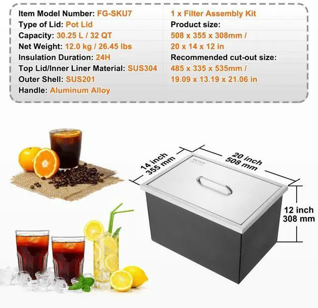 Alt view image 7 of 7 - VEVOR Drop in Ice Chest, 20"L x 14"W x 12"H Stainless Steel Ice Cooler, Commercial Ice Bin with Cover, 40 qt Outdoor Kitchen Ice Bar, Drain-pipe and Drain Plug Included, for Cold Wine Beer