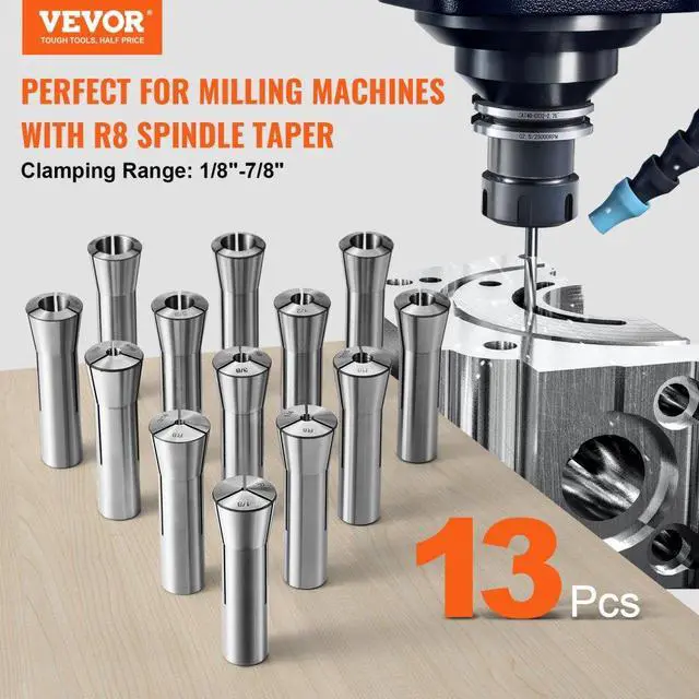 Alt view image 2 of 7 - VEVOR 13 pcs Precision R8 Collet Set, 1/8'' - 7/8'', 45# Alloy Steel Mill Collet Chuck 0.0012"/30m TIR with 13 Labeled Storage Boxes, for Milling Machine Drill Presses Boring Machine Machining Center