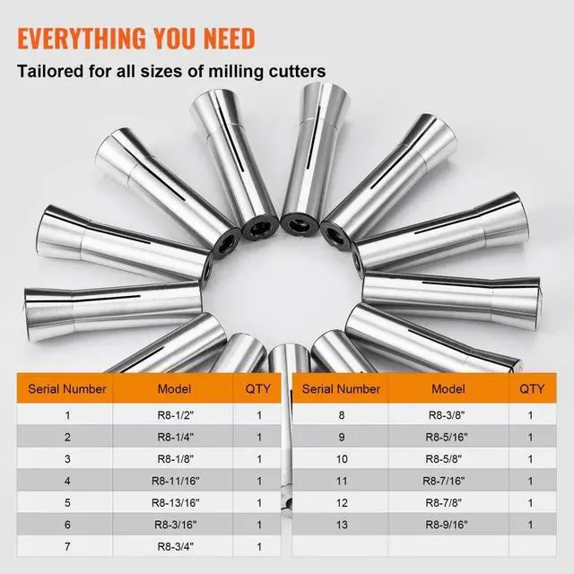 Alt view image 6 of 7 - VEVOR 13 pcs Precision R8 Collet Set, 1/8'' - 7/8'', 45# Alloy Steel Mill Collet Chuck 0.0012"/30m TIR with 13 Labeled Storage Boxes, for Milling Machine Drill Presses Boring Machine Machining Center