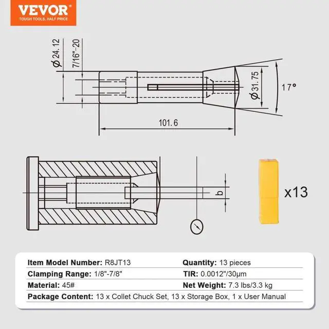 Alt view image 7 of 7 - VEVOR 13 pcs Precision R8 Collet Set, 1/8'' - 7/8'', 45# Alloy Steel Mill Collet Chuck 0.0012"/30m TIR with 13 Labeled Storage Boxes, for Milling Machine Drill Presses Boring Machine Machining Center