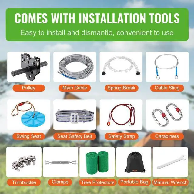 Alt view image 6 of 7 - VEVOR Zipline Kit for Kids and Adult, 160 ft Zip Line Kits Up to 500 lb, Backyard Outdoor Quick Setup Zipline, Playground Entertainment with Stainless Steel Zipline, Spring Brake, Safety Harness, Seat