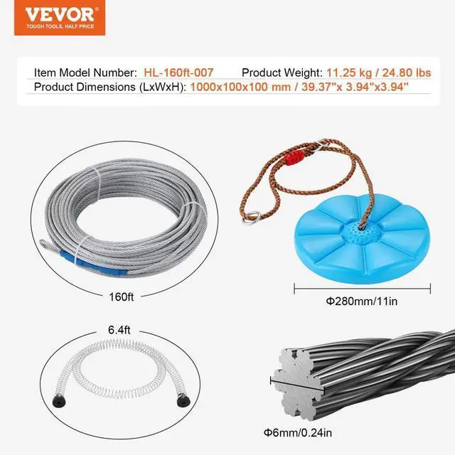 Alt view image 7 of 7 - VEVOR Zipline Kit for Kids and Adult, 160 ft Zip Line Kits Up to 500 lb, Backyard Outdoor Quick Setup Zipline, Playground Entertainment with Stainless Steel Zipline, Spring Brake, Safety Harness, Seat