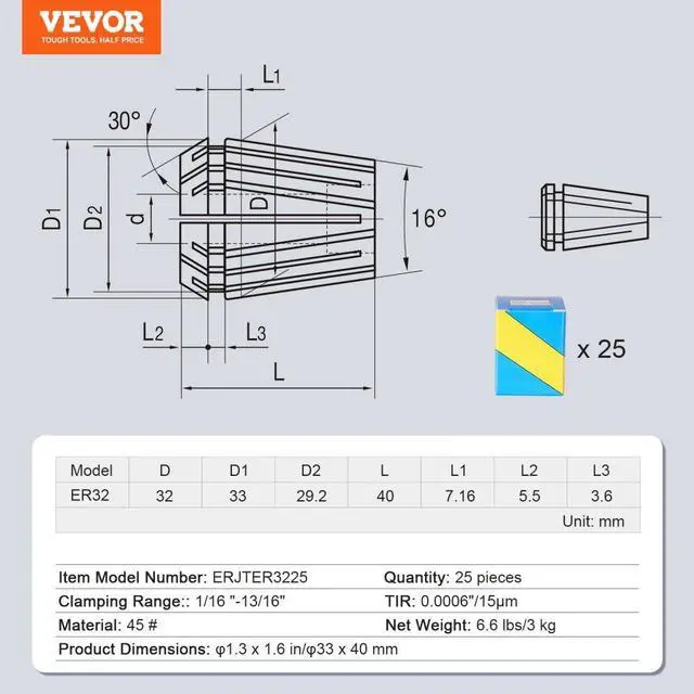 Alt view image 7 of 14 - VEVOR 25 pcs ER32 Collet Set, 1/16''-13/16'', ER32 Spring Collet Chuck Set, 0.0006"/15 m TIR Lathe Chuck Tool with 25 Labeled Storage Boxes, for CNC Engraving Machine Milling Lathe Tool Drill Press