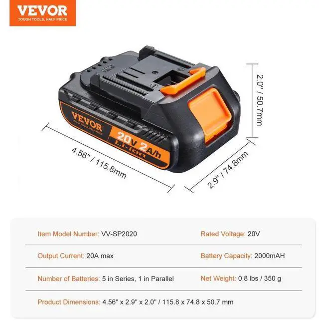 Alt view image 7 of 7 - VEVOR 20V 2.0Ah Lithium-Ion Battery - High-Capacity Replacement Battery Pack for Power Tools Batteries, Compatible with 20V Cordless Power Tools