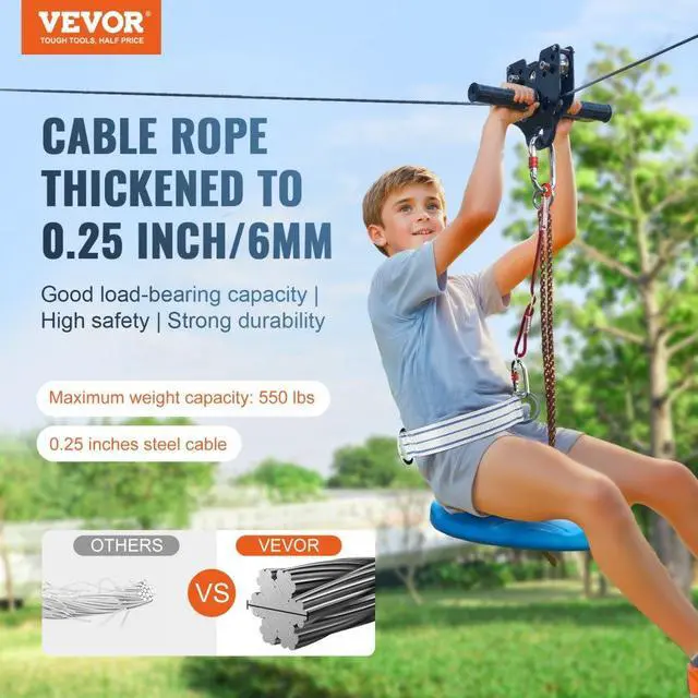 Alt view image 2 of 7 - VEVOR Zipline Kit for Kids and Adult, 60 ft Zip Line Kits Up to 500 lb, Backyard Outdoor Quick Setup Zipline, Playground Entertainment with Stainless Steel Zipline, Spring Brake, Safety Harness, Seat