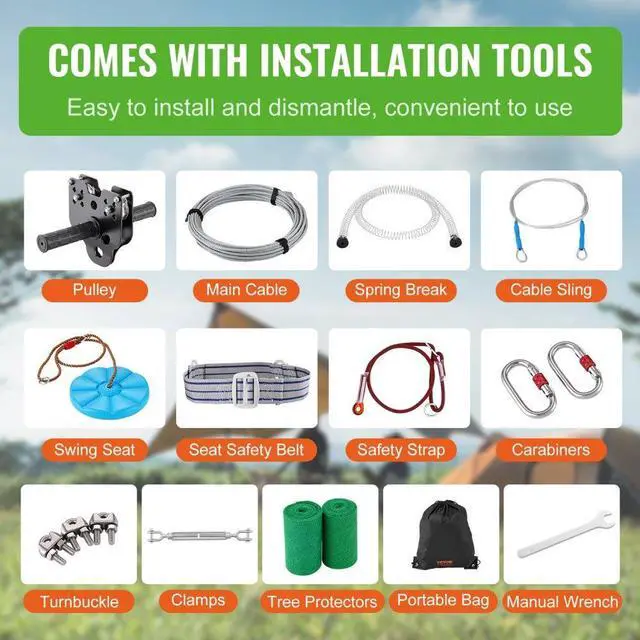 Alt view image 6 of 7 - VEVOR Zipline Kit for Kids and Adult, 60 ft Zip Line Kits Up to 500 lb, Backyard Outdoor Quick Setup Zipline, Playground Entertainment with Stainless Steel Zipline, Spring Brake, Safety Harness, Seat